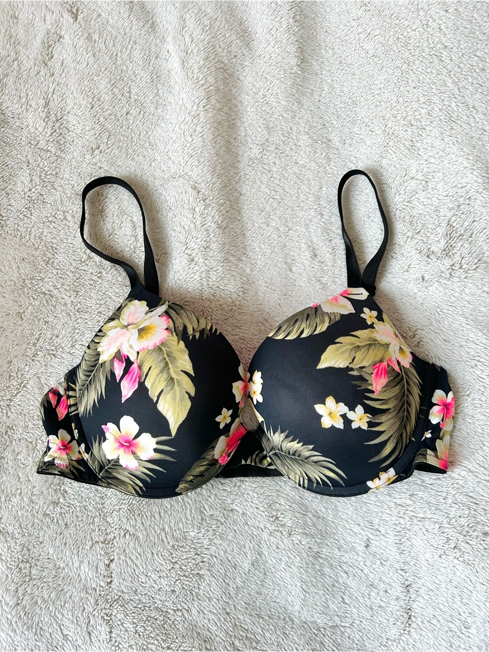 Victoria's Secret PINK Tropical Black Floral Padded Push Up Pigeonnant Bra 36C